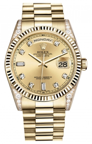 Rolex Day Date President Yellow Gold Fluted Bezel Diamond